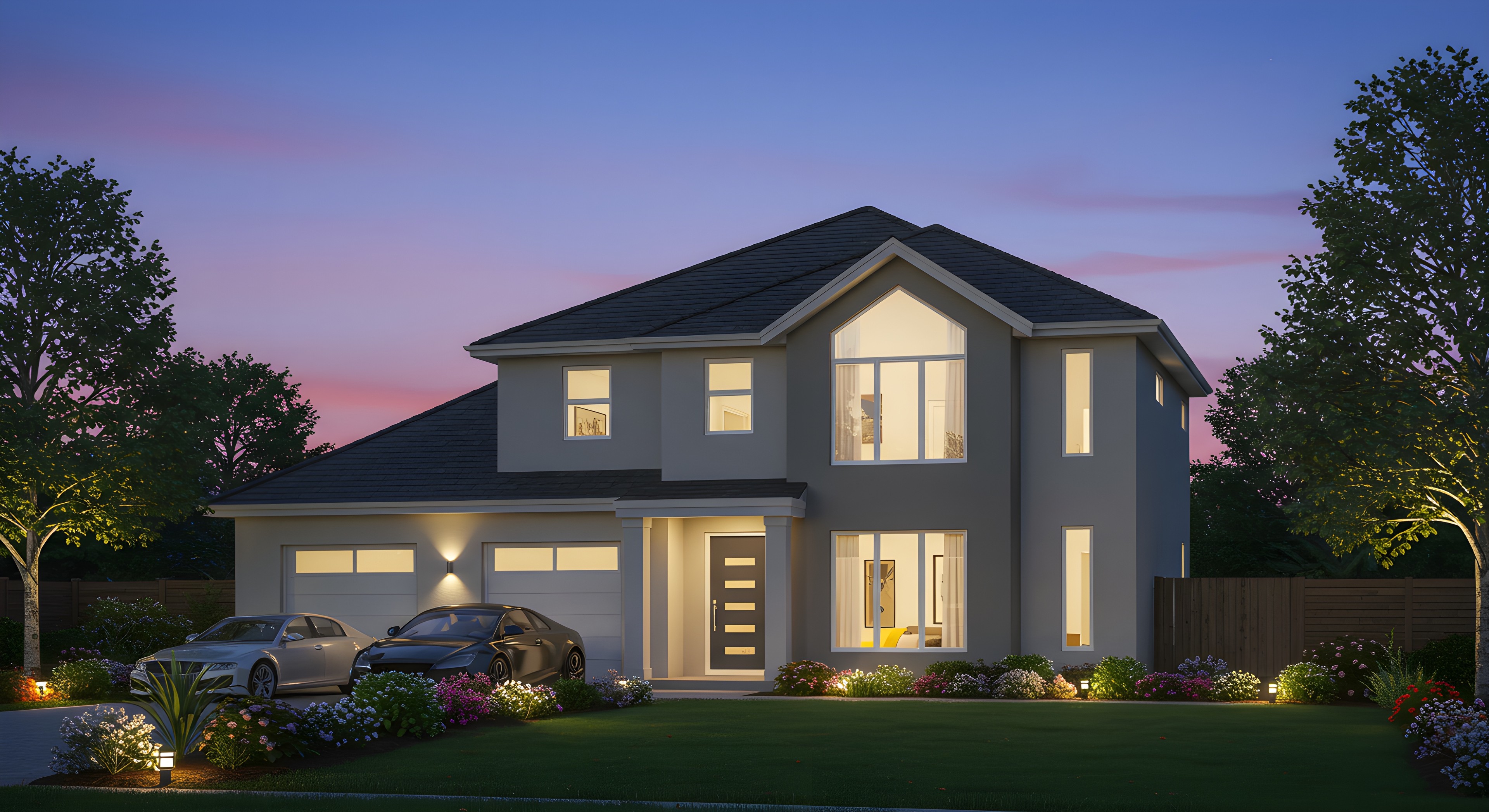 Modern energy-efficient home exterior at dusk